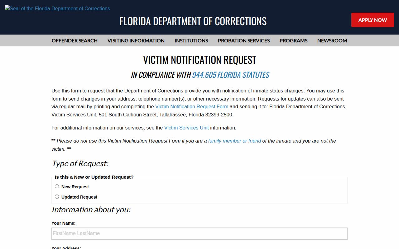 Florida Department of Corrections victim assistance information
